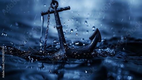 An anchor with a chain sticking out of the water, the sea is calm and dark blue, the background has a little misty effect, there is some splashing on top of it, in the style of hyper realistic photogr photo