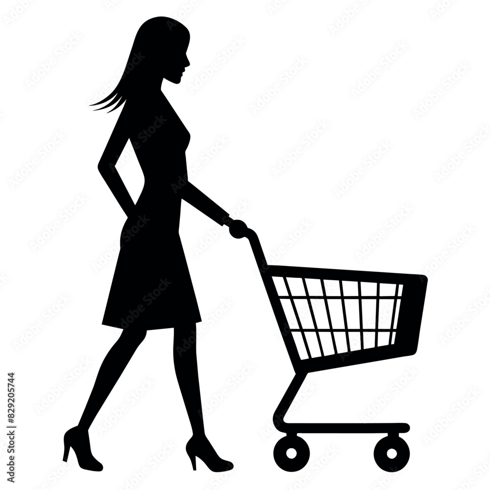 A woman Walking with Shopping cart vector silhouette, a shopping card holding a shopping cart silhouette. A woman Walking with Shopping cart vector silhouette, a shopping card holding a shopping cart silhouette.