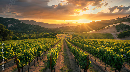 Vineyard in Napa Valley, California at sunset with green grape vines and hillsides in the background, with wide angle lens natural lighting. The scene shows the vineyard in the style of natural lighti photo