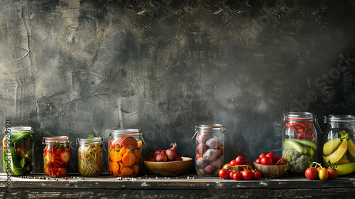 rustic table with jars of pickled vegetables, fruits and fresh juice against an old grey wall. The background is a textured dark gray canvas for text or design elements. A sense of freshness and healt photo