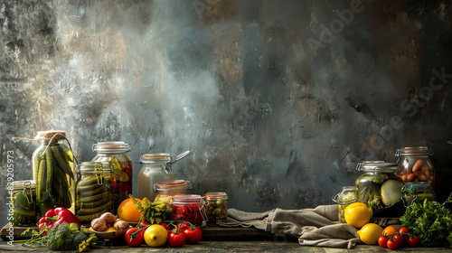 rustic table with jars of pickled vegetables, fruits and fresh juice against an old grey wall. The background is a textured dark gray canvas for text or design elements. A sense of freshness and healt