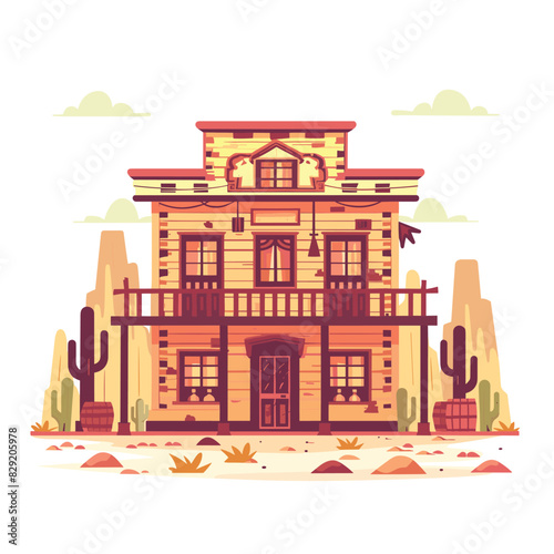 Old Western saloon illustration, wooden building design, desert backdrop. Warm color palette, cactus, balcony, swinging doors, digitally created. Vintage Western style, isolated white background