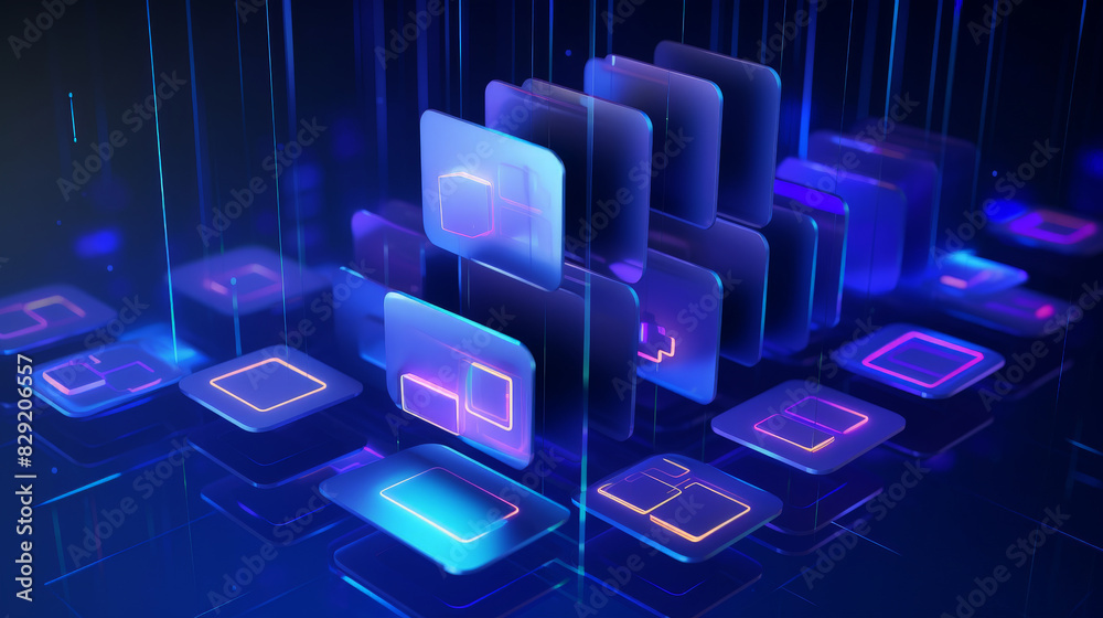 Fototapeta premium Abstract network grid with files and folders, futuristic software interface, digital document management system, store, search and organize documents, corporate business, paperless office,futuristic, 