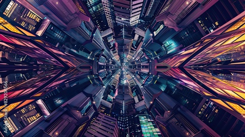 Illustrate the industrial cityscape with a whirl of kaleidoscope patterns, blending sharp edges and vibrant colors to create a mesmerizing and dynamic visual experience