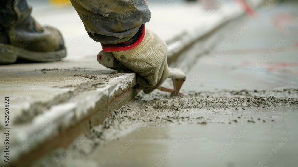 A worker using a small handheld concrete to remove excess air from a narrow strip of concrete paying attention to detail to achieve a flawless result.
