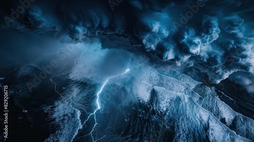 Illustrate the tumultuous bond between lightning storms and the oceans waves in a spellbinding fusion of raw power and digital artistry, seen from daring aerial perspectives photo