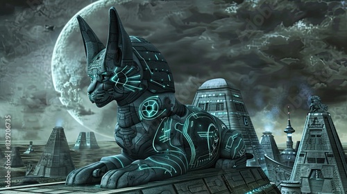 Imagine a captivating composition of ancient sphinxes fused with sleek cybernetic enhancements photo