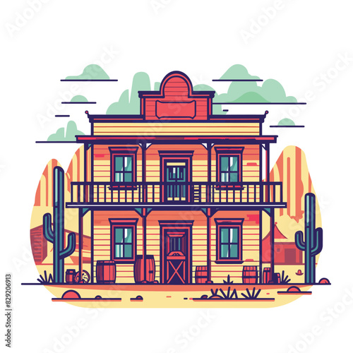 Western saloon vector illustration, colorful Wild West theme, detailed wooden building balconies cacti. Desert landscape hills clouds, bright vibrant colors, cartoon style. Illustration vintage