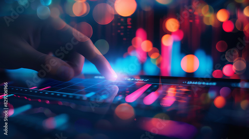 Close up of hand touching digital screen with stock market graph and candlestick chart going down, background is blurred dark colorful abstract background with light bokeh effect photo