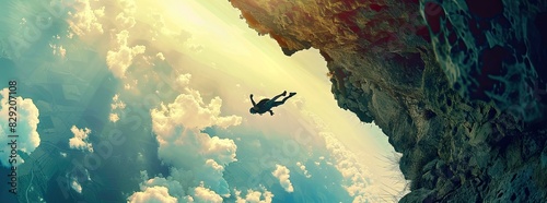 Infuse the essence of surrealism into a vivid depiction of a skydiver diving headfirst into a dreamlike landscape Utilize extreme camera angles to amplify the breathtaking sense photo