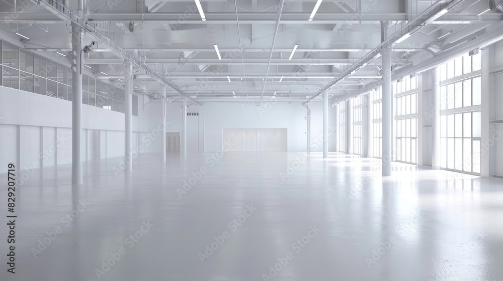 Empty white warehouse interior with clean, open space and a pristine white background, emphasizing the vast, uncluttered area Empty white warehouse interior with clean, open space and a pristine white background, emphasizing the vast, uncluttered area