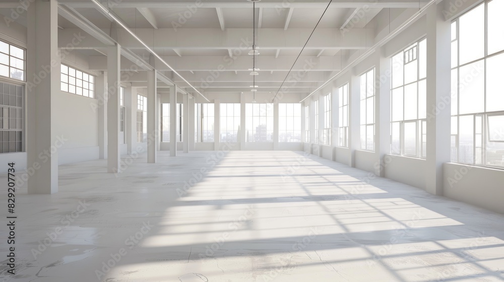 Empty white warehouse interior with clean, open space and a pristine white background, emphasizing the vast, uncluttered area Empty white warehouse interior with clean, open space and a pristine white background, emphasizing the vast, uncluttered area
