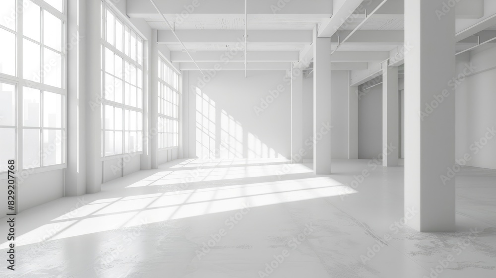 Fototapeta premium Empty white warehouse interior with clean, open space and a pristine white background, emphasizing the vast, uncluttered area