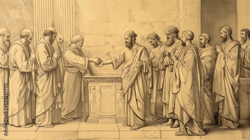 Wallpaper Mural Pharisees Watching as Jesus Heals Withered Hand in Synagogue, Biblical Illustration, Beige Background, Copyspace Torontodigital.ca