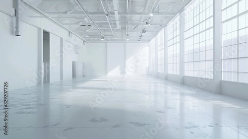 Empty white warehouse interior with clean, open space and a pristine white background, emphasizing the vast, uncluttered area