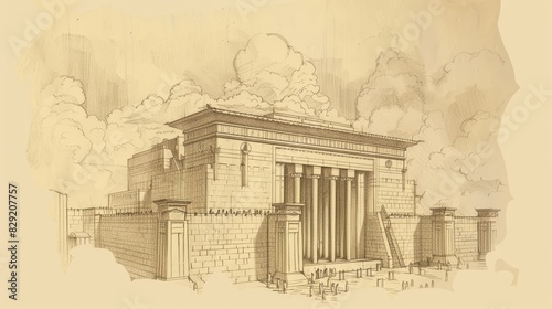God's Glory Cloud Filling Solomon's Temple at Dedication, Biblical Illustration, Beige Background, Copyspace