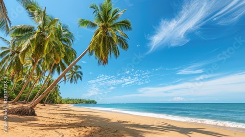Panoramic beach scene with coconut palms and turquoise waters under a clear blue sky, perfect for vacation and relaxation themes. © kitipol