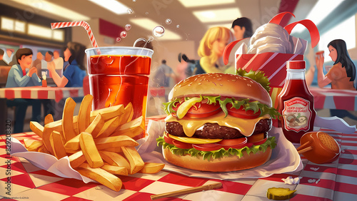 illustration of a fast-food scene. delicious burger with a side of golden fries, a steaming drink, and a ketchup bottle photo