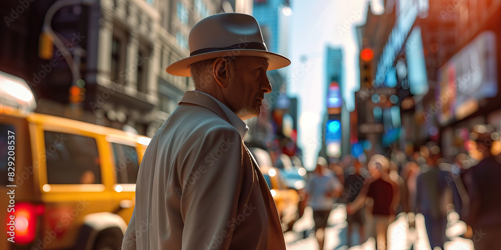 Against the backdrop of a busy city street, a man in a fedora hat confidently struts down the sidewalk, his pace unwavering Against the backdrop of a busy city street, a man in a fedora hat confidently struts down the sidewalk, his pace unwavering