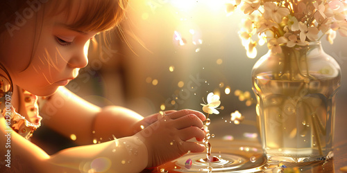 A young child dips their tiny hand into a vase of water, their focus on the delicate petals they gently release photo