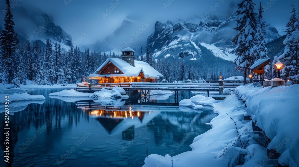 Experience the stunning beauty of Emerald Lake in Yoho National Park, British Columbia. The snow-covered landscape and glowing wooden lodge nestled in the rocky mountains Experience the stunning beauty of Emerald Lake in Yoho National Park, British Columbia. The snow-covered landscape and glowing wooden lodge nestled in the rocky mountains