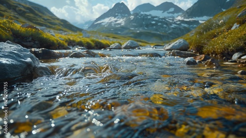 From a glacier high in the mountains, clear water bubbles and flows down a rocky river, creating a serene scene.