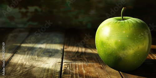 A green apple sits atop a wooden table, waiting to be peeled and prepared for a delicious meal photo