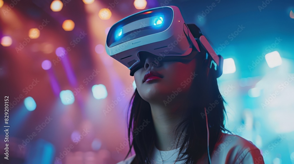 Using VR glasses, a young Asian woman in casual attire experiences the thrill of a live-streaming concert, virtually transported to the performance Using VR glasses, a young Asian woman in casual attire experiences the thrill of a live-streaming concert, virtually transported to the performance