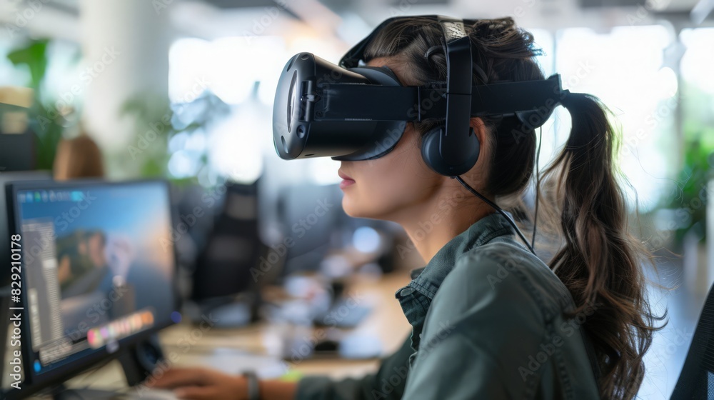Using VR glasses, a young Asian woman in casual attire experiences the thrill of a live-streaming concert, virtually transported to the performance Using VR glasses, a young Asian woman in casual attire experiences the thrill of a live-streaming concert, virtually transported to the performance
