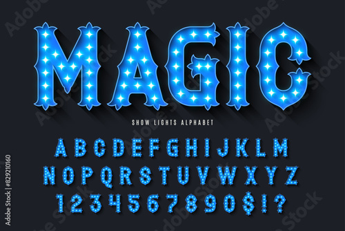 Retro circus alphabet design, cabaret, fairy LED lamps letters and numbers.