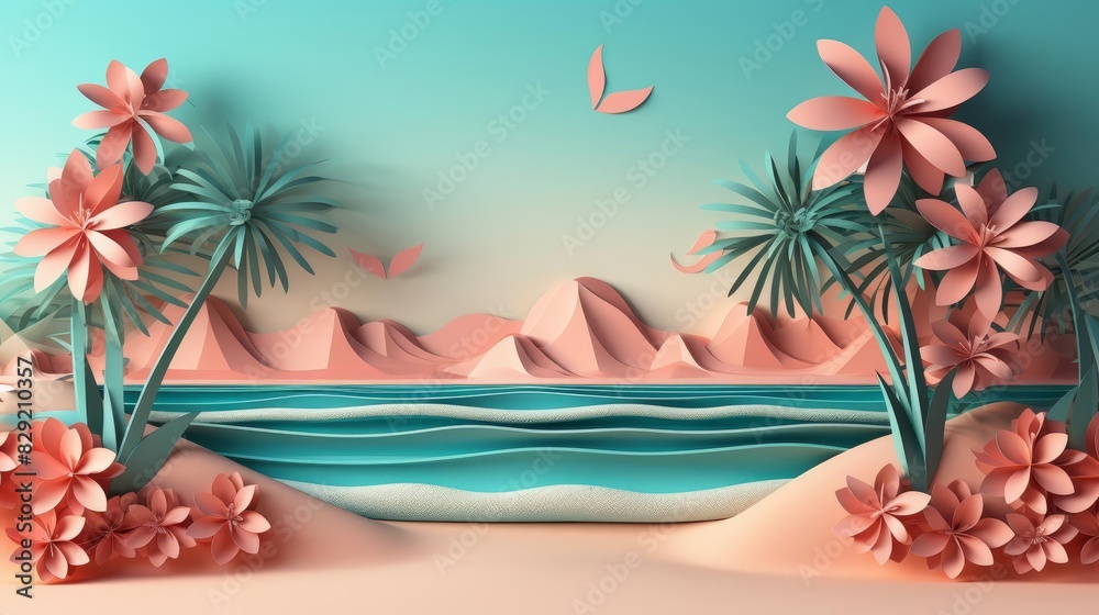 3D render, abstract beach landscape with palm trees and sea in the style of paper cut Background for summer vacation concept design Flat lay High quality