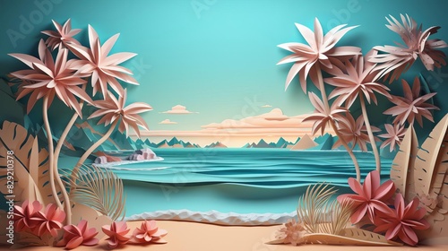 3D render of a summer beach with palm trees and the sea in the style of a paper cut style background for product presentation  wallpaper or poster vector illustration Flat lay