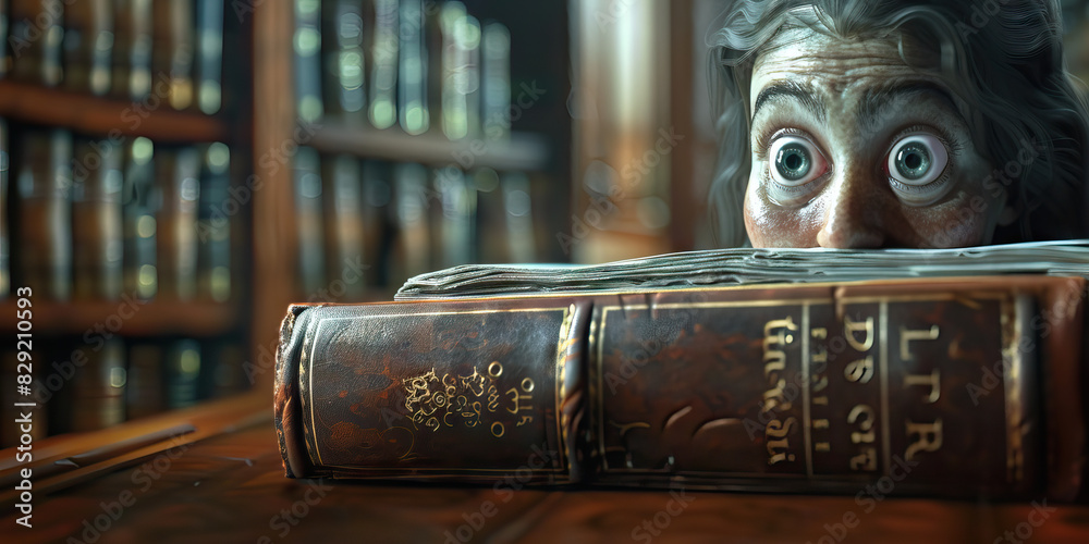 In a dimly lit library, a pair of curious eyes peer over the edge of a leather-bound book, eagerly awaiting the secrets that lie within