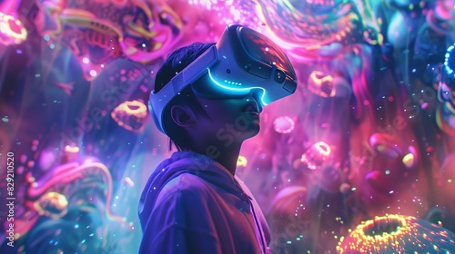 Wearing VR goggles, a teenager explores the metaverse, where a colorful and engaging virtual world comes to life