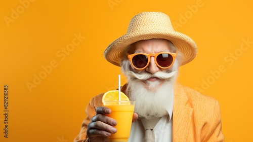 An old man with sunglasses and a hat drinking orange juice on a pastel background