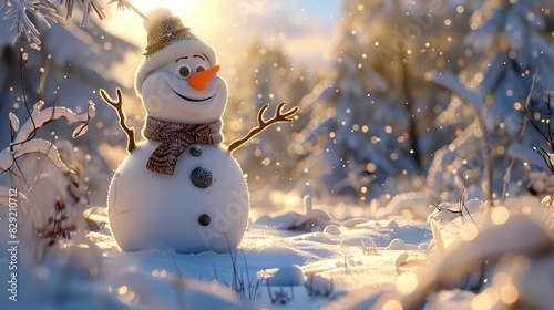 With a bright smile and coal eyes, the snowman beams with happiness, adding a touch of whimsy to the wintry landscape.