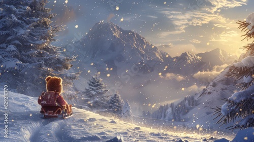 With a cuddly teddy bear in hand, a child enjoys a thrilling sled ride through the snow, soaking in the festive atmosphere of Christmas celebration photo