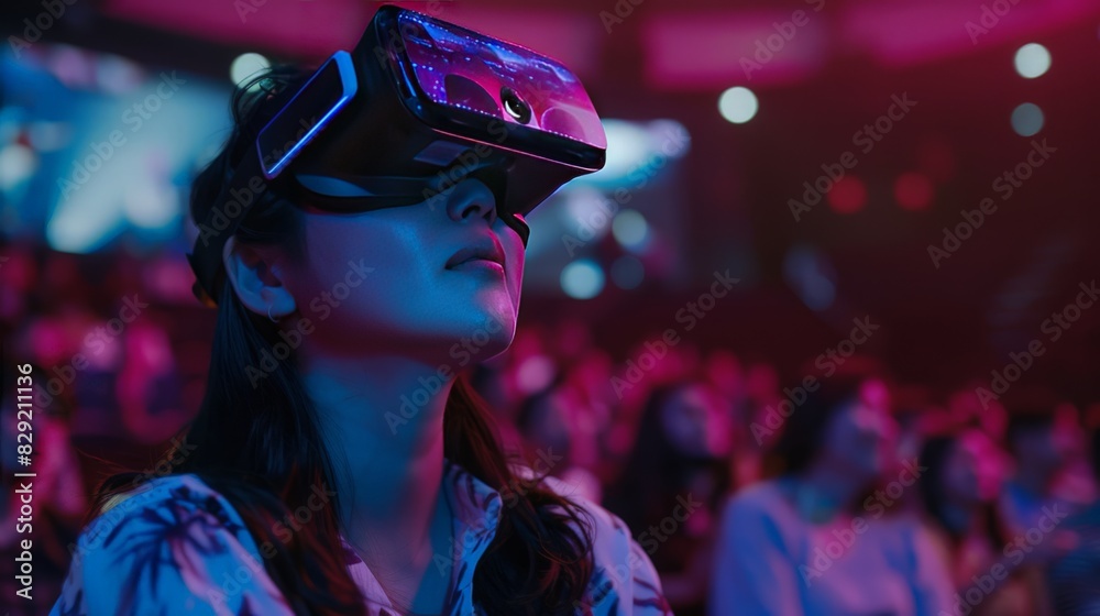 With VR glasses on, a casually dressed Asian woman watches a live-streaming concert, feeling like she's part of the virtual audience With VR glasses on, a casually dressed Asian woman watches a live-streaming concert, feeling like she's part of the virtual audience