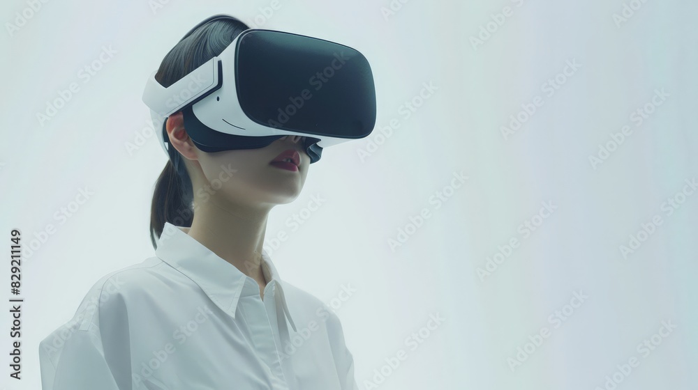 With VR glasses on, a casually dressed Asian woman watches a live-streaming concert, feeling like she's part of the virtual audience With VR glasses on, a casually dressed Asian woman watches a live-streaming concert, feeling like she's part of the virtual audience