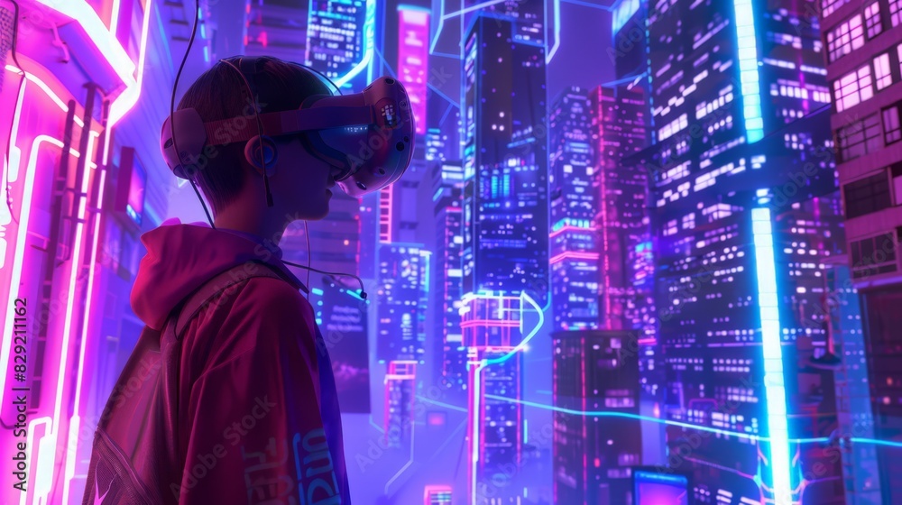 With VR goggles, a teenager steps into the metaverse, exploring a vibrant and interactive virtual environment With VR goggles, a teenager steps into the metaverse, exploring a vibrant and interactive virtual environment