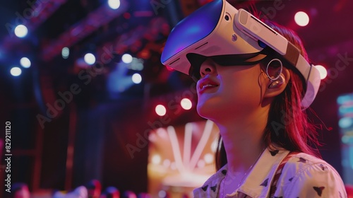 With VR glasses, a casually dressed Asian woman enjoys a live-streaming concert, feeling the energy of the virtual performance as if she were there