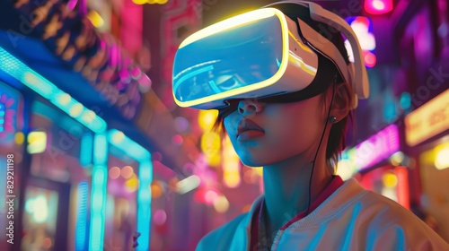 With VR goggles, a teenager steps into the metaverse, exploring a vibrant and interactive virtual environment © Thirawat