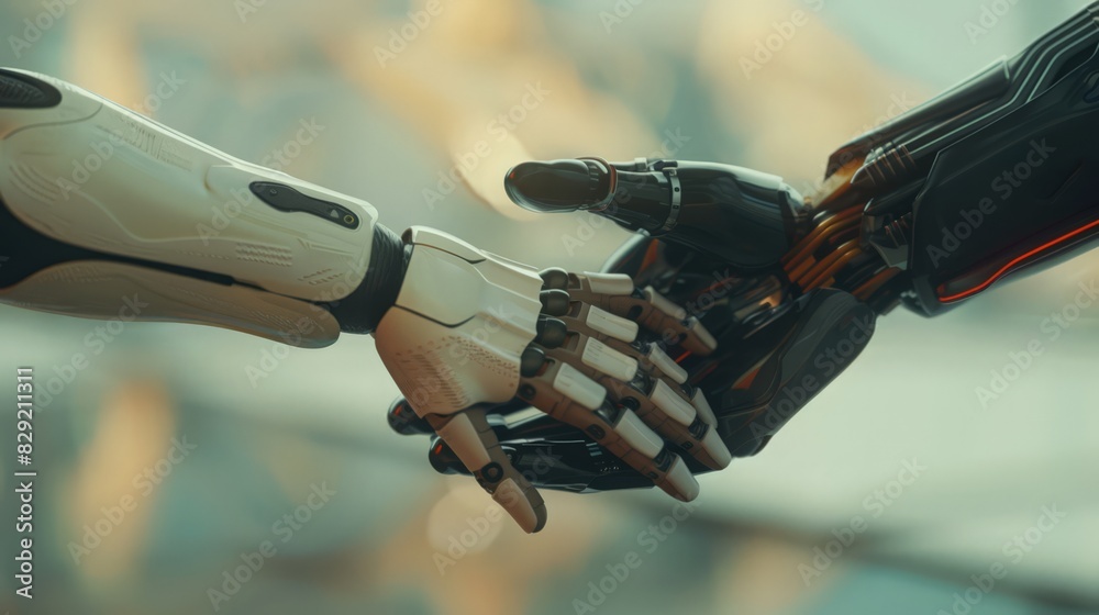 Within the metaverse, the connected hands of a human and a robot highlight the technological shift Within the metaverse, the connected hands of a human and a robot highlight the technological shift