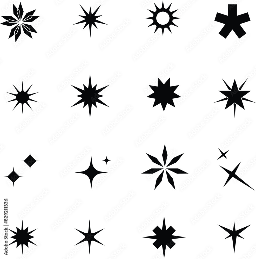 Set of silhouette Star shape, Aesthetic element Sparkle, geometric vector illustration. Retro ornaments star shapes for templates, web design, poster, sticker, clipart