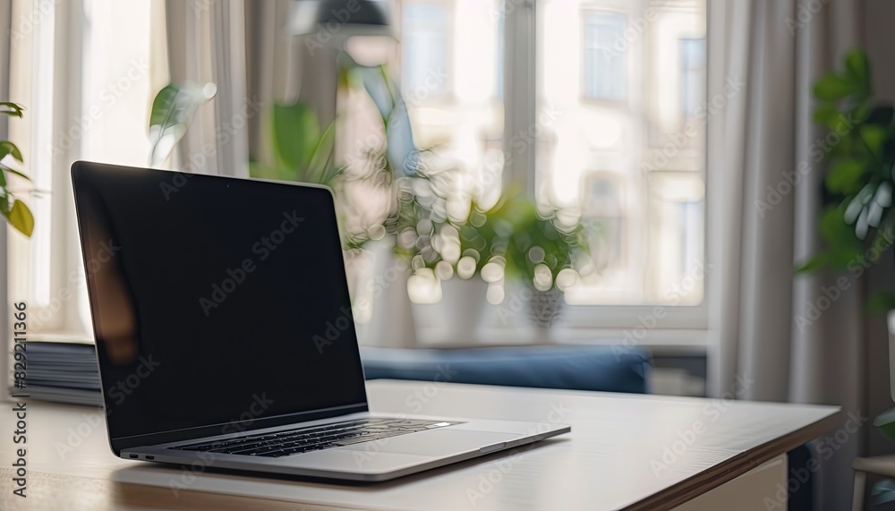 Fototapeta premium A laptop is sitting on a desk in front of a window