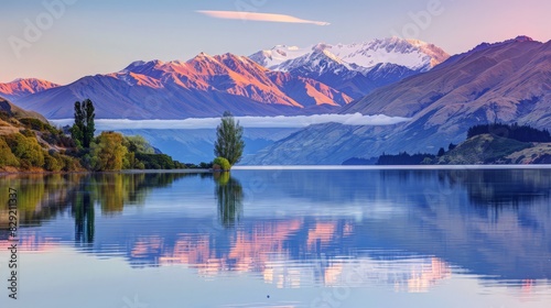 Witness the serene beauty of Lake Wanaka at sunrise, featuring the famous Wanaka tree and the majestic mountain range. This picturesque view on New Zealand's South Island is truly enchanting. photo