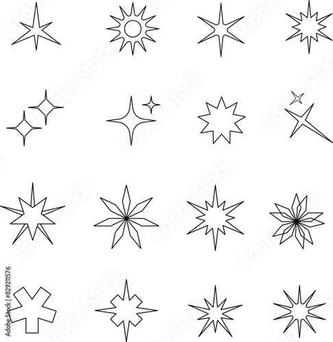 Set of aesthetic star linear glitter  sparkle and snowflake. Outline stars shape icon vector isolated on white