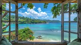 The open window of the villa offers a view of the sea. An idyllic picture of relaxation and tranquility. Generative AI