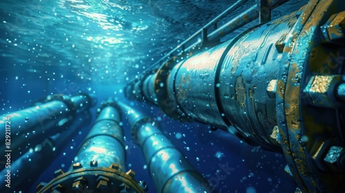 An Expert technicians are diving to install underwater oil and gas pipelines in blue undersea industrial equipment for energy transportation. photo