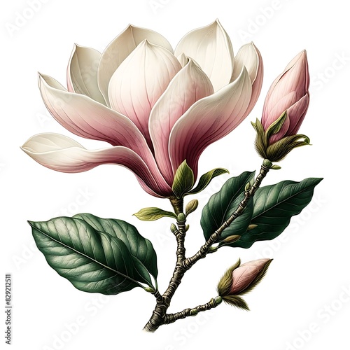 Magnolia flower isolated on white background, old botanical illustration